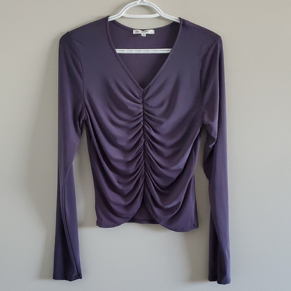 Antistar Plum Purple Ruched Long Sleeve Top Sz L Festival Coquette Feminine